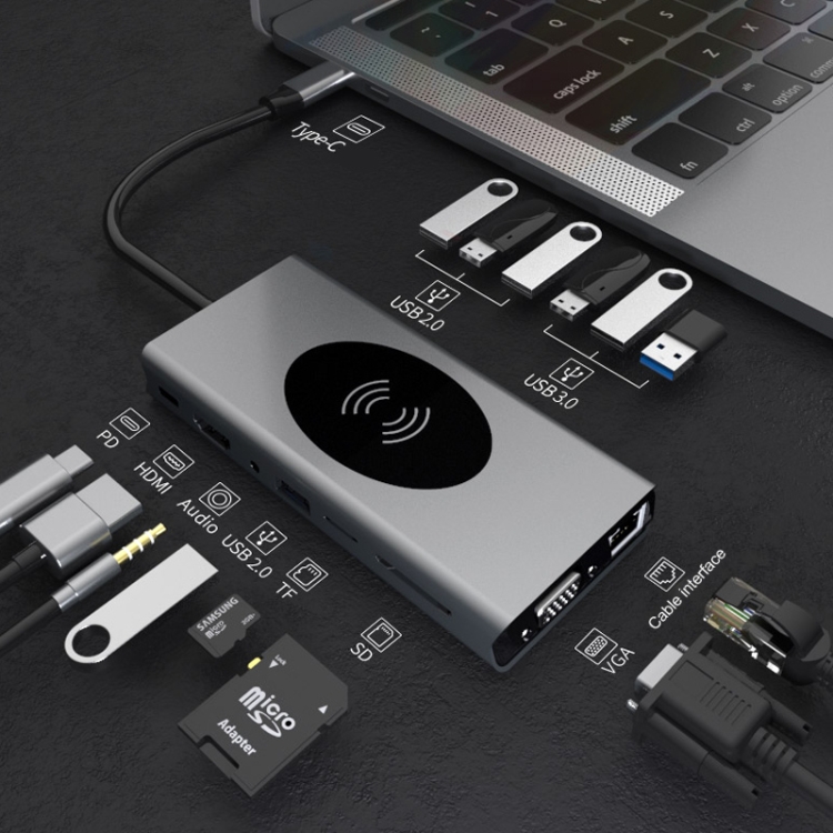 

Basix T15 15 in 1 USB-C / Type-C to HDMI + VGA + USB 3.0x4 + USB 2.0x3 + SD + TF + RJ45 + PD + 3.5 Audio + 10W Converter