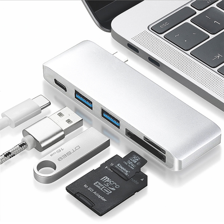 

basix T5 5 in 1 USB-C / Type-C to 2 USB 3.0 + USB-C / Type-C Interfaces HUB Adapter with Micro SD / SD Card Slots (Silver)