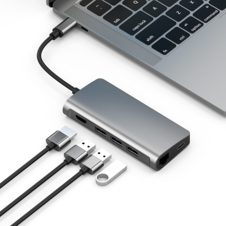 

basix T7 8 in 1 USB-C / Type-C to 3 USB 3.0 + USB-C / Type-C + HDMI + RJ45 Network Interfaces HUB Adapter with Micro SD / SD Card Slots(Grey)