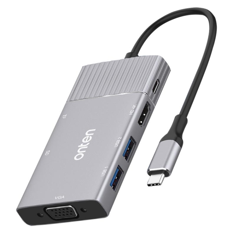 

Onten 95113 8 In 1 USB 3.0 x2 + SD / TF + HDMI / VGA + 3.5mm Jack + Type-C / USB-C (PD 3.0) Multi-function HUB Converter Dock Station