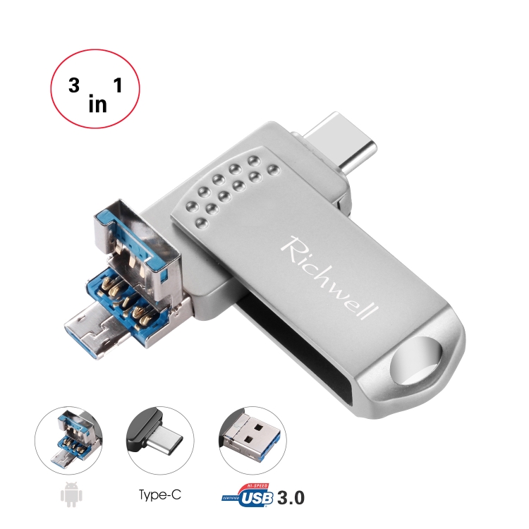 

Richwell 3 in 1 32G Type-C + Micro USB + USB 3.0 Metal Flash Disk with OTG Function(Silver)
