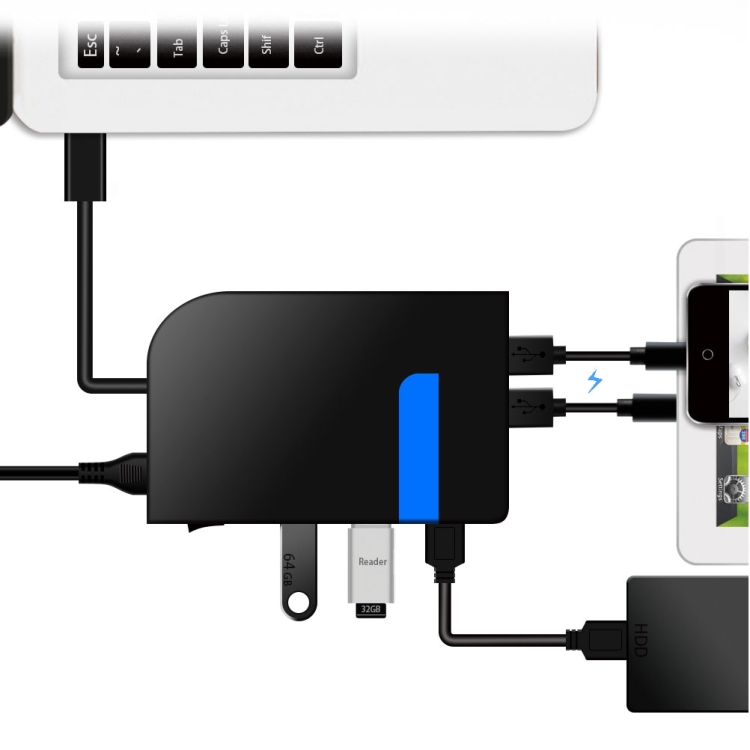 

3 USB 3.0 HUB + 2 QC3.0 + Type-C Multi-functional Charger & HUB with Power Switch Button(Black)
