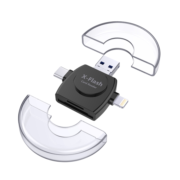 

X-Flash R01 3 in 1 8 Pin + USB-C / Type-C + Micro USB Interface SD / TF Card Reader(Black)