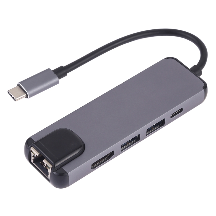 

5 in 1 Type-C to HDMI + USB 3.0 + USB 3.0 + Type-C + LAN Card Reader Adapter(Grey)