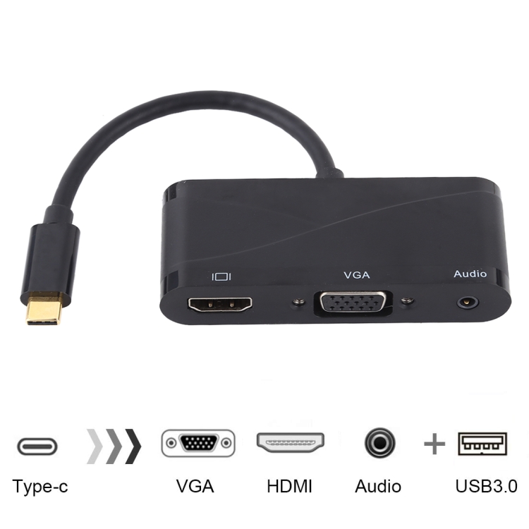 

USB 2.0 + Audio Port + VGA + HDMI to USB-C / Type-C HUB Adapter (Black)