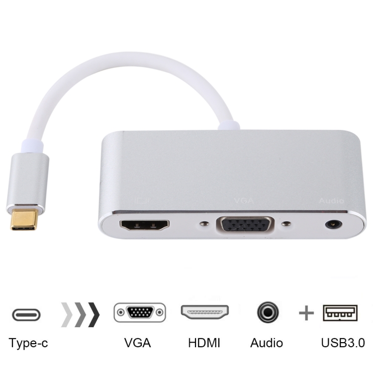 

USB 2.0 + Audio Port + VGA + HDMI to USB-C / Type-C HUB Adapter (Silver)