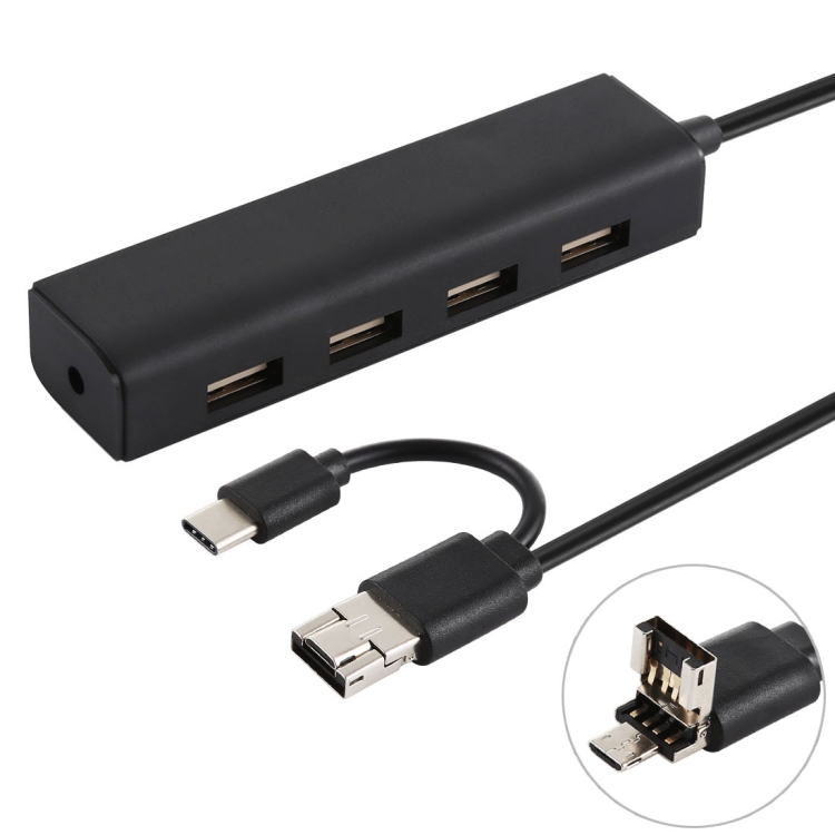 

3 in 1 USB-C / Type-C + Micro USB + 4 x USB 2.0 Ports HUB Converter, Cable Length: 12cm(Black)