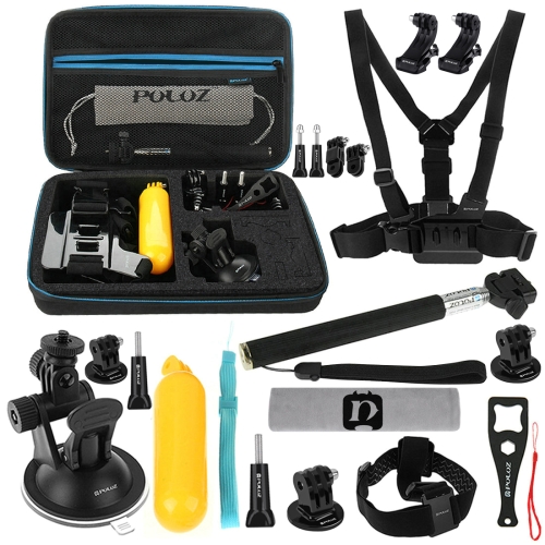 

[UK Stock] PULUZ 20 in 1 Accessories Combo Kits with EVA Case (Chest Strap + Head Strap + Suction Cup Mount + 3-Way Pivot Arm + J-Hook Buckles + Extendable Monopod + Tripod Adapter + Bobber Hand Grip + Storage Bag + Wrench) for GoPro HERO7 /6 /5 /5 Sessio