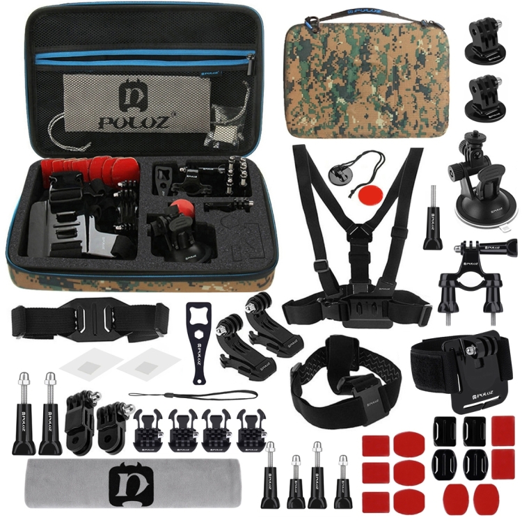 PULUZ 45 in 1 Accessories Ultimate Combo Kits with Camouflage EVA Case (Chest Strap + Suction Cup Mount + 3-Way Pivot Arms + J-Hook Buckle + Wrist Strap + Helmet Strap + Surface Mounts + Tripod Adapter + Storage Bag + Handlebar Mount + Wrench) for GoPro H
PULUZ 45 in 1 Accessories Ultimate Combo Kits with Camouflage EVA Case (Chest Strap + Suction Cup Mount + 3-Way Pivot Arms + J-Hook Buckle + Wrist Strap + Helmet Strap + Surface Mounts + Tripod Adapter + Storage Bag + Handlebar Mount + Wrench) for GoPro H