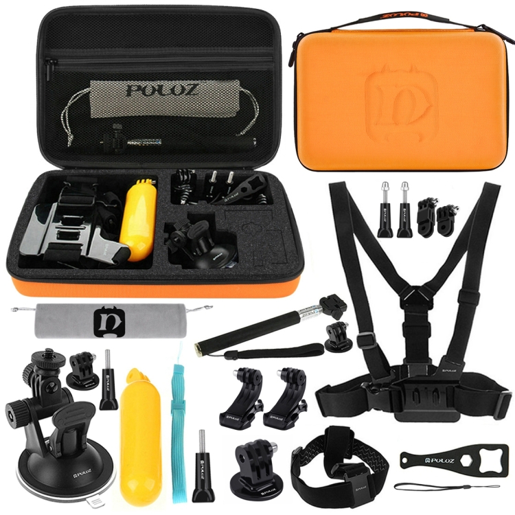 где купить PULUZ 20 in 1 Accessories Combo Kits with Orange EVA Case (Chest Strap + Head Strap + Suction Cup Mount + 3-Way Pivot Arm + J-Hook Buckles + Extendable Monopod + Tripod Adapter + Bobber Hand Grip + Storage Bag + Wrench) for GoPro NEW HERO /HERO6 /5 /5 Session/4 Session / 4/3 + / 3/2/1, Xiaoyi and Other Action Cameras по лучшей цене