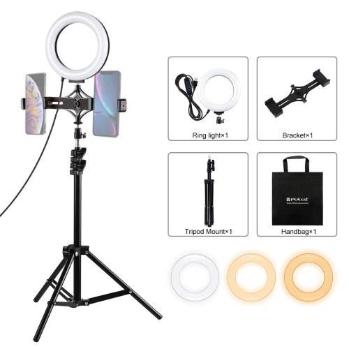 

PULUZ 1.1m Tripod Mount + Live Broadcast Dual Phone Bracket + 6.2 inch 16cm LED Ring Vlogging Video Light Kits