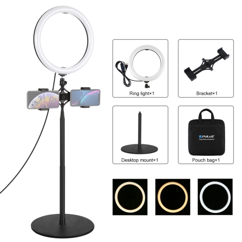 

PULUZ 140cm Round Base Desktop Mount + Live Broadcast Dual Phone Bracket + 10.2 inch 26cm LED Ring Vlogging Video Light Kits with Cold Shoe Tripod Ball Head