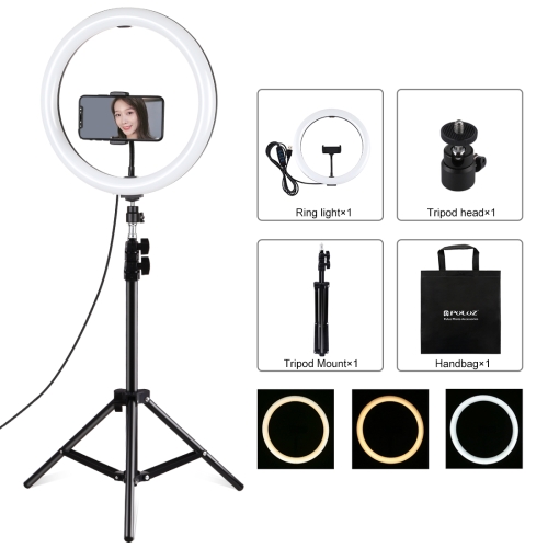 

PULUZ 11.8 inch 30cm Light + 1.1m Tripod Mount Curved Surface USB 3 Modes Dimmable Dual Color Temperature LED Ring Vlogging Video Light Live Broadcast Kits with Phone Clamp(Black)