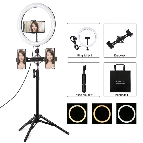 

PULUZ 11.8 inch 30cm Light + 1.1m Tripod Mount + Dual Phone Brackets Curved Surface USB 3 Modes Dimmable Dual Color Temperature LED Ring Vlogging Video Light Live Broadcast Kits with Phone Clamp(Black)
