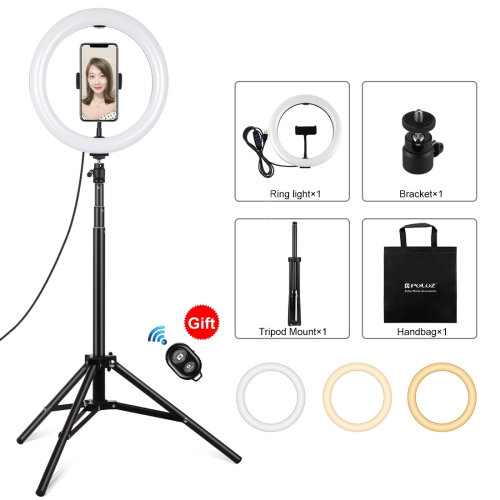 

PULUZ 10.2 inch 26cm Light + 1.65m Tripod Mount Curved Surface USB 3 Modes Dimmable Dual Color Temperature Ring Vlogging Video Light Live Broadcast Kits with Phone Clamp & Selfie Remote Control(Black)