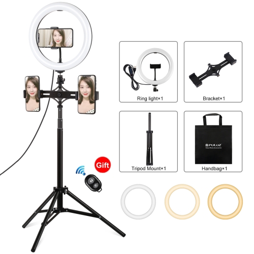 

PULUZ 1.65m Tripod Mount + Dual Phone Brackets + 10.2 inch 26cm Curved Surface USB 3 Modes Dimmable Dual Color Temperature Ring Vlogging Video Light Live Broadcast Kits with Phone Clamp & Selfie Remote Control(Black)