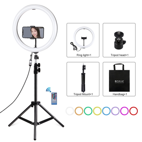 

PULUZ 11.8 inch 30cm RGBW Light + 1.1m Tripod Mount Curved Surface Dimmable LED Dual Color Temperature LED Ring Vlogging Video Light Live Broadcast Kits with Cold Shoe Tripod Ball Head & Phone Clamp & Remote Control(Black)