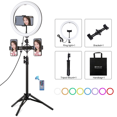 

PULUZ 11.8 inch 30cm RGBW Light + 1.1m Tripod Mount + Dual Phone Brackets+ Curved Surface RGB Dimmable LED Dual Color Temperature LED Ring Vlogging Video Light Live Broadcast Kits with Cold Shoe Tripod Ball Head & Phone Clamp & Remote Control(Black)
