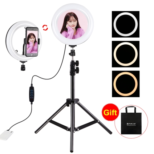 

PULUZ 7.9 inch 20cm Mirror Light+ 1.1m Tripod Mount USB 3 Modes Dimmable Dual Color Temperature LED Curved Light Ring Vlogging Selfie Photography Video Lights with Mirror & Phone Clamp(Black)