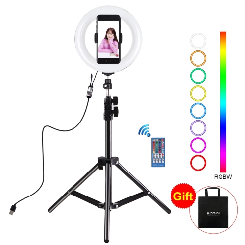 

PULUZ 7.9 inch 20cm USB RGB Light+ 1.1m Tripod Mount Dimmable LED Dual Color Temperature LED Curved Light Ring Vlogging Selfie Photography Video Lights with Phone Clamp(Black)