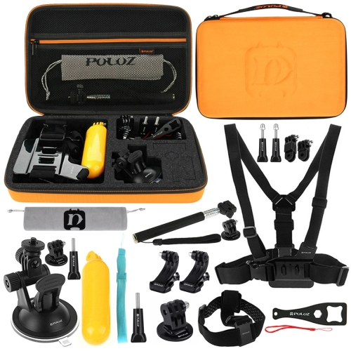 

[UK Stock] PULUZ 20 in 1 Accessories Combo Kits with Orange EVA Case (Chest Strap + Head Strap + Suction Cup Mount + 3-Way Pivot Arm + J-Hook Buckles + Extendable Monopod + Tripod Adapter + Bobber Hand Grip + Storage Bag + Wrench) for GoPro HERO7 /6 /5 /5