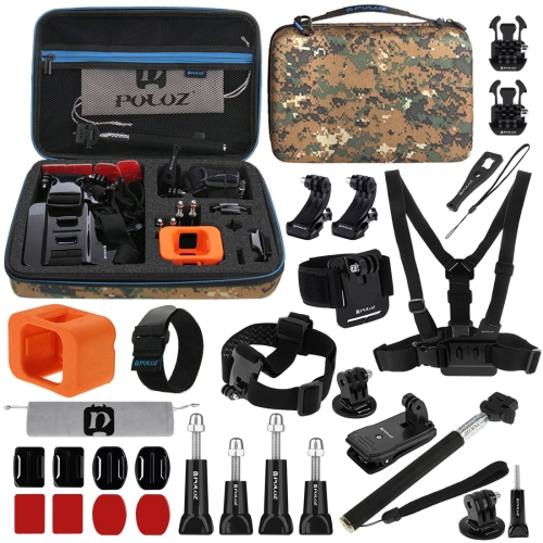 

PULUZ 29 in 1 Accessories Combo Kits with Camouflage EVA Case (Chest Strap + Head Strap + Wrist Strap + Floating Cover + Surface Mounts + Backpack Rec-mount + J-Hook Buckles + Extendable Monopod + Tripod Adapter + Quick Release Buckles + Storage Bag + Wre