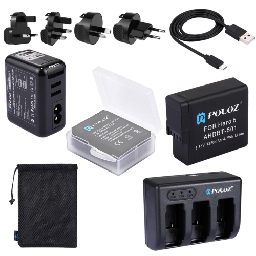 

PULUZ 10 in 1 AHDBT-501 3.85V 1220mAh Battery + AHDBT-501 3-channel Battery Charger + Mesh Storage Bag + Battery Storage Box + 2-Port USB 5V (2.1A + 2.1A) Wall Charger Kits for GoPro HERO7 /6 /5