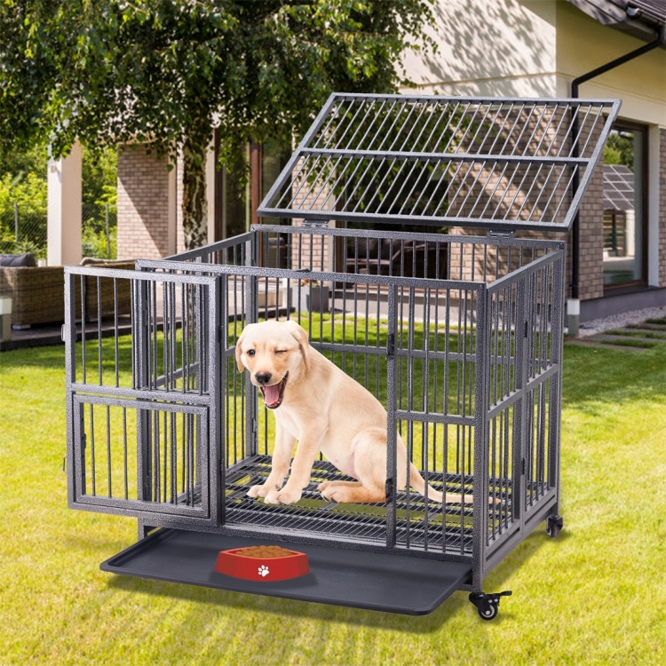 

[US Warehouse] 49 inch Heavy Duty Dog Cage Crate with Two Prevent Escape Lock, Lockable Wheels, Removable Tray for Indoor Outdoor