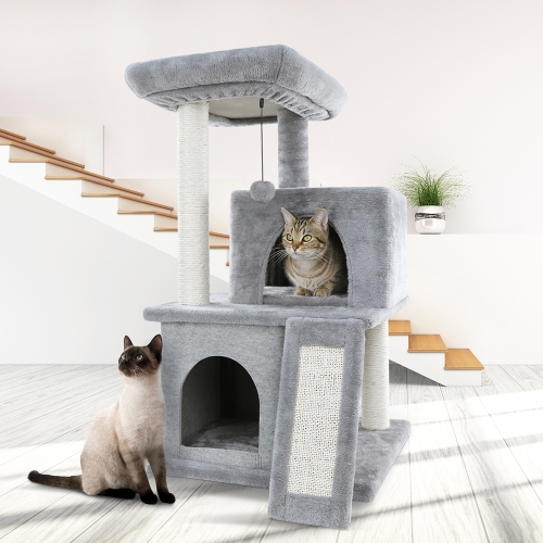

[US Warehouse] Three-layer Plush Cat Tree Apartment with Sisal Scratching Post & Scratching Board & Hanging Toys(Grey)