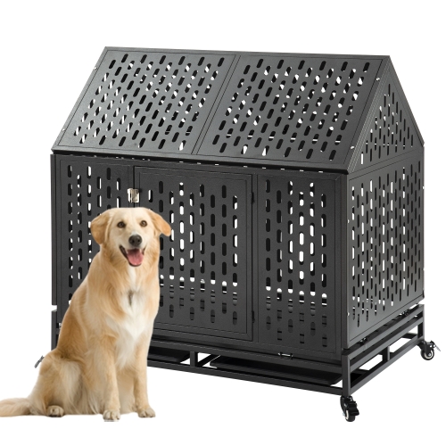 

[US Warehouse] Heavy Duty Stainless Steel Pet Dog Crate Cage with Roof , Size: 112x114x75cm(Black)