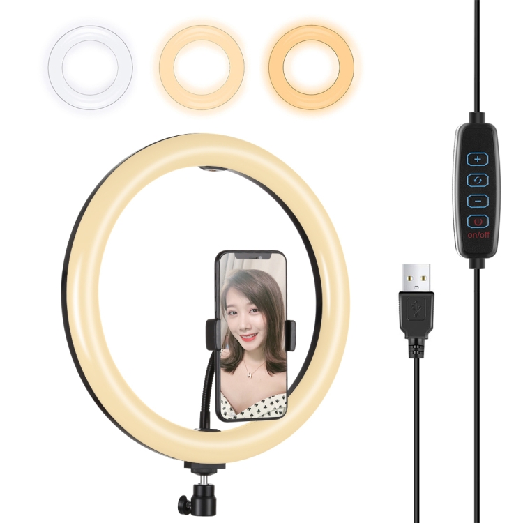 

PULUZ 11.8 inch 30cm USB 3 Modes Dimmable Dual Color Temperature LED Curved Diffuse Light Ring Vlogging Selfie Photography Video Lights with Phone Clamp(Black)