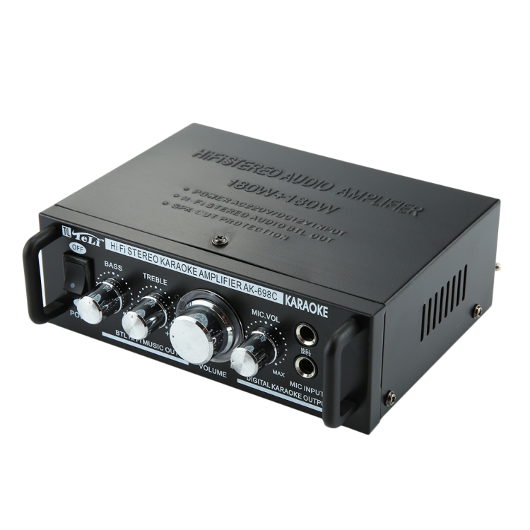 

AK698C HiFi Stereo Audio 180W + 180W Power Amplifier, Support 2CH MIC Input, AC 220V / DC 12V(Black)