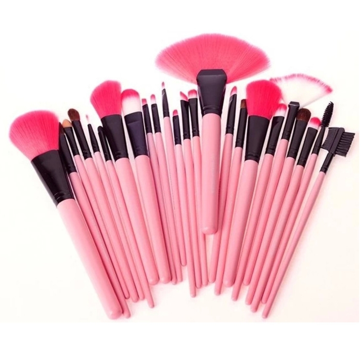 

24 PCS Goat Hair Pink Handle Makeup Brush Set with Pink Pouch