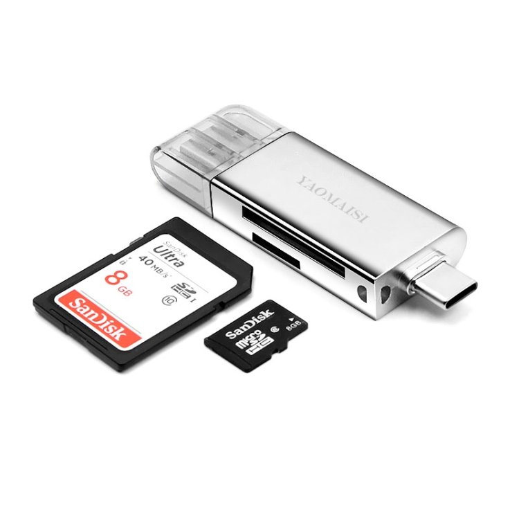 

YAOMAISI Q25 2 in 1 USB 3.0 to Type-C Metal Memory Card Reader, Support SD / TF Card(Silver)