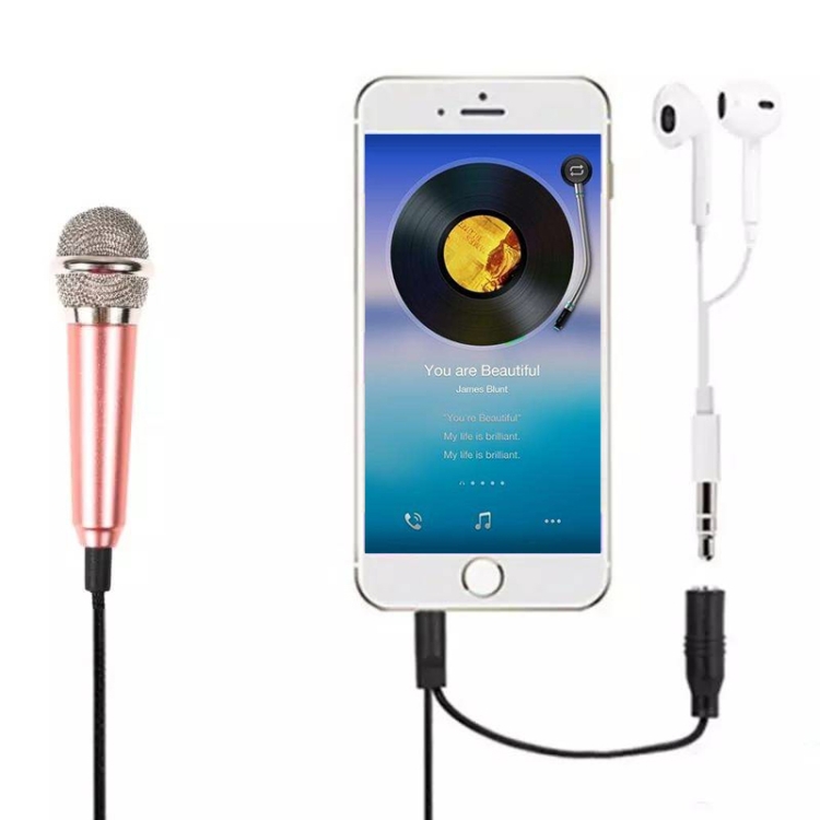 

3.5mm Male + 3.5mm Female Ports Mini Household Mobile Phone Sing Song Metal Condenser Microphone, Compatible with IOS / Android System(Pink)