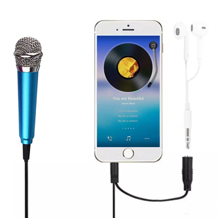 

3.5mm Male + 3.5mm Female Ports Mini Household Mobile Phone Sing Song Metal Condenser Microphone, Compatible with IOS / Android System(Blue)
