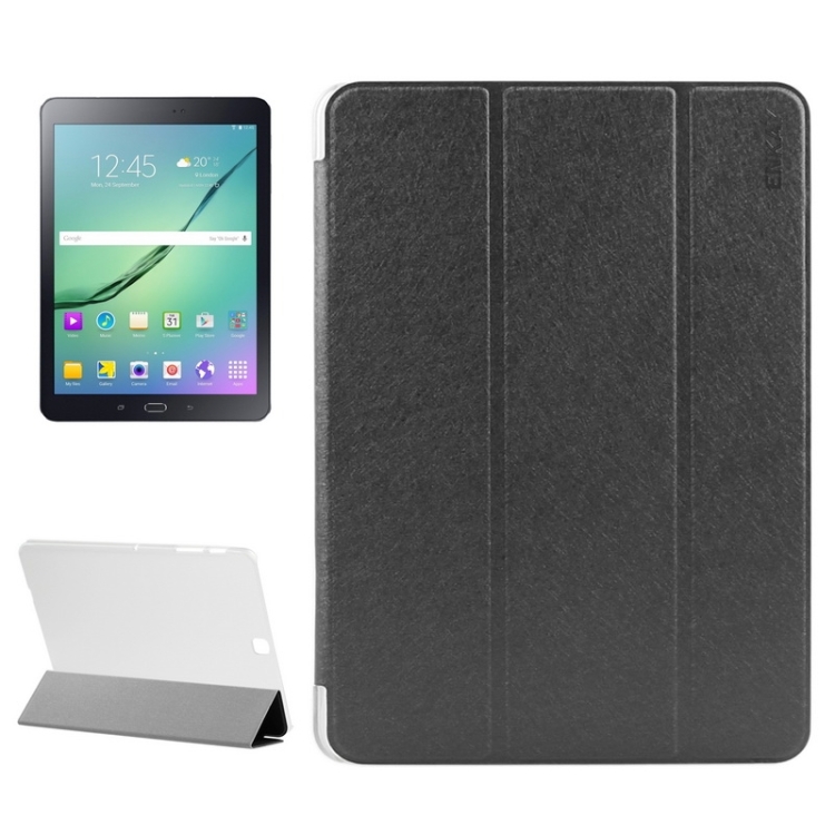 

ENKAY Silk Texture PU Leather + Translucent Frosted Plastic Case with 3-folding Holder for Galaxy Tab S2 9.7 / T815(Black)