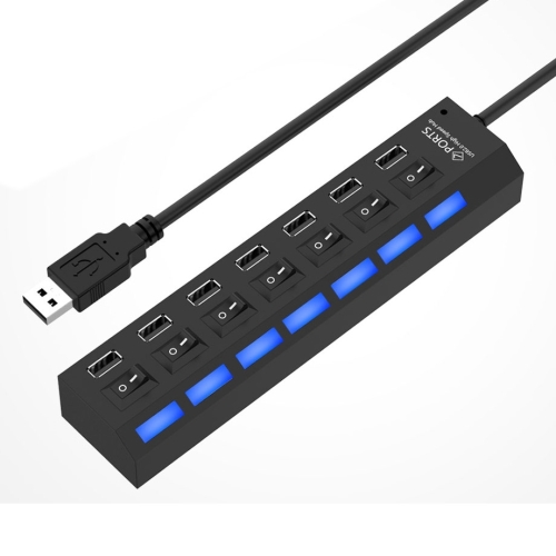 7 Ports USB Hub 2.0 USB Splitter High Speed 480Mbps with ON/OFF Switch, 7 LED(Black)