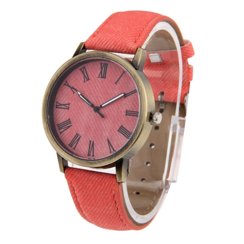 

Denim Texture Style Round Dial Retro Digital Display Women & Men Quartz Watch with PU Leather Band(Pink)