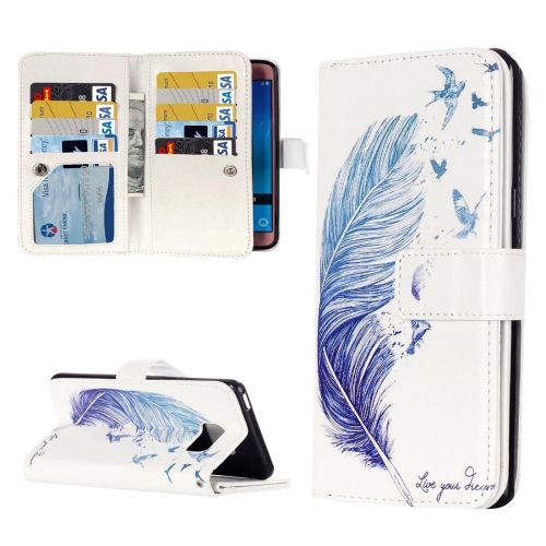 

For Galaxy J5 (2016) / J510 Blue Feather Pattern Horizontal Flip Leather Case with 9 Card Slots & Wallet & Holder