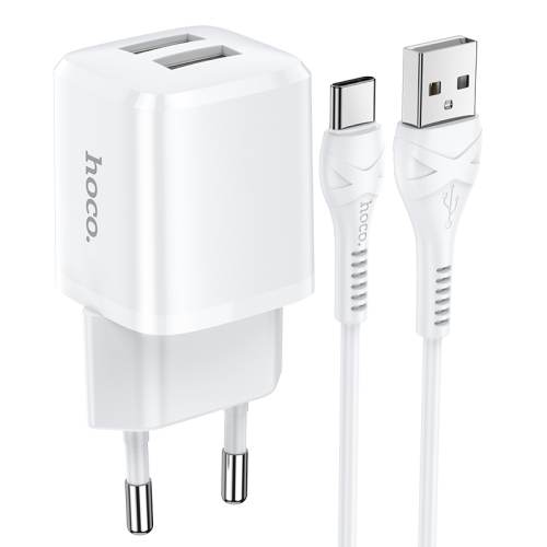 

hoco N8 Briar Dual-USB Ports Charger Adapter + USB-C / Type-C Data Cable Set, EU Plug(White)