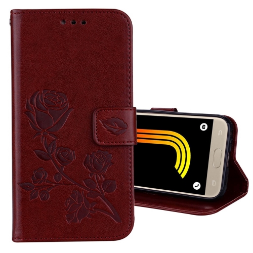 

For Galaxy J3 (2017) / J330 (EU Version) Roses Pressed Flower Pattern Horizontal Flip Leather Case with Holder & Card Slots & Wallet(Brown)