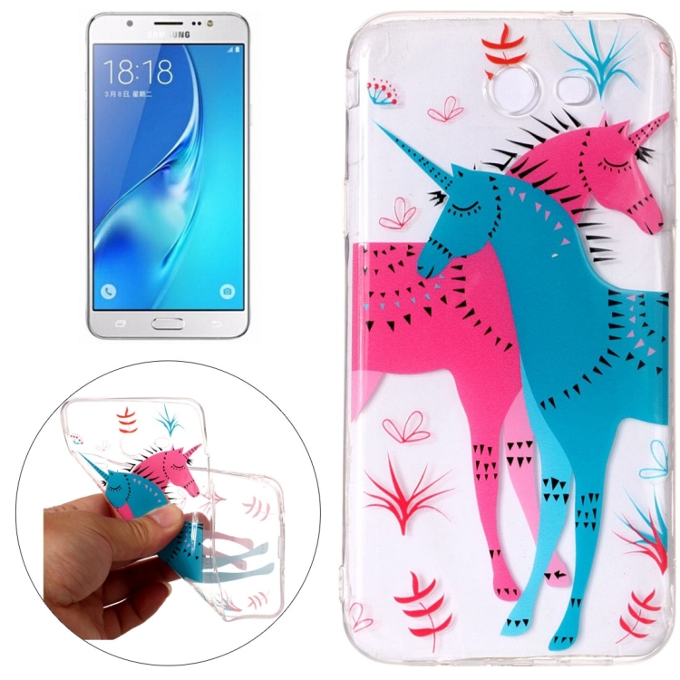 

For Galaxy J7 (2017) (US Version) Red and Blue Unicorn Pattern Embossment TPU Protective Back Cover Case