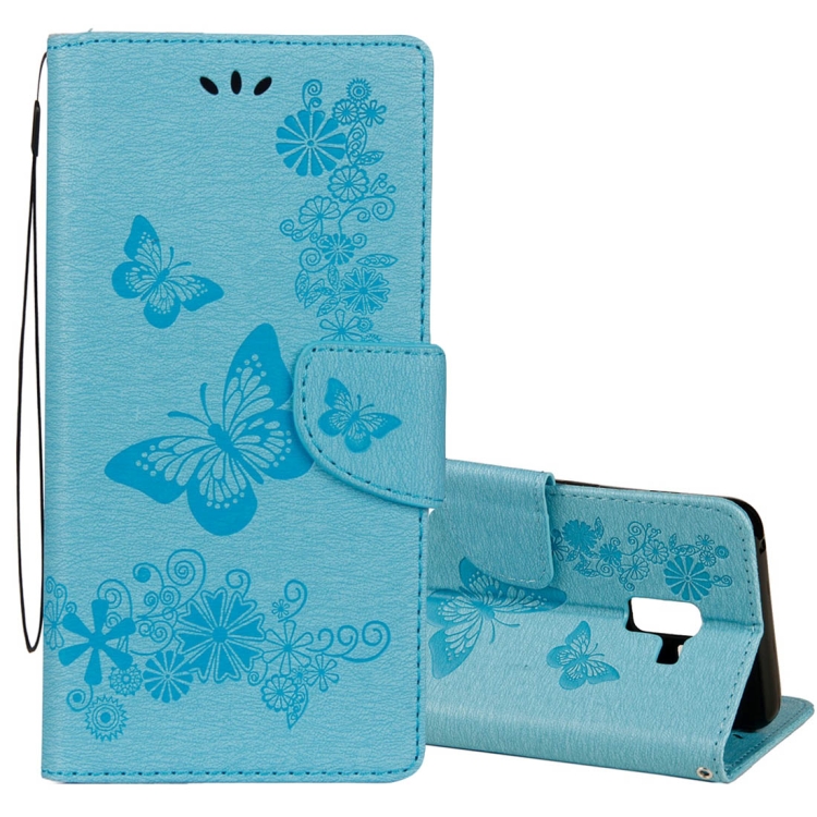 

For Galaxy A8 (2018) Vintage Embossed Floral Butterfly Pattern Horizontal Flip Leather Case with Card Slot & Holder & Wallet & Lanyard(Blue)
