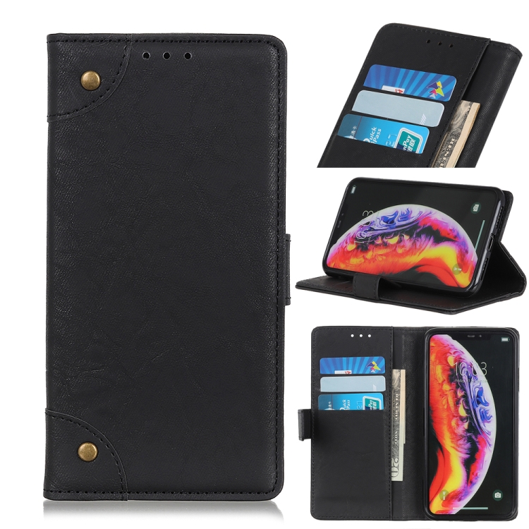 

Copper Buckle Side-corner Fixed Retro Texture Horizontal Flip Leather Case For Galaxy A10 , With Holder & Three Cards (Black)