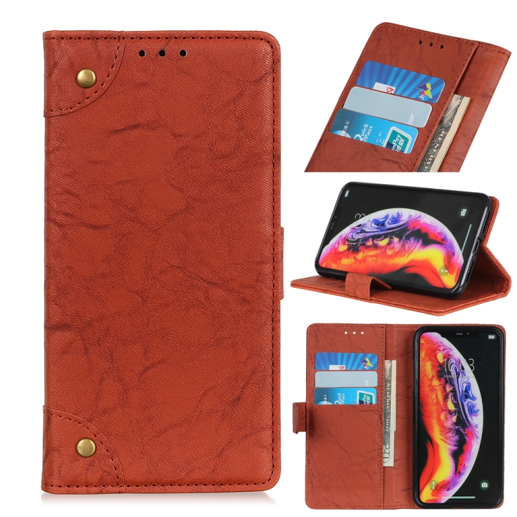 

Copper Buckle Side-corner Fixed Retro Texture Horizontal Flip Leather Case For Galaxy A10 , With Holder & Three Cards (Brown)