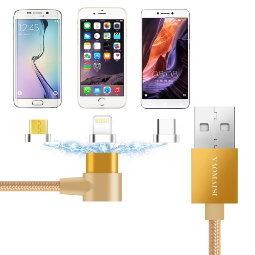 

YAOMAISI Q13 1m 8 Pin + Micro USB + USB-C / Type-C to USB L-Type Nylon Weave Data Sync Charging Cable, For iPhone, iPad, Galaxy, Sony, Huawei, Xiaomi, LG, HTC, Lenovo and Other Smartphones(Gold)