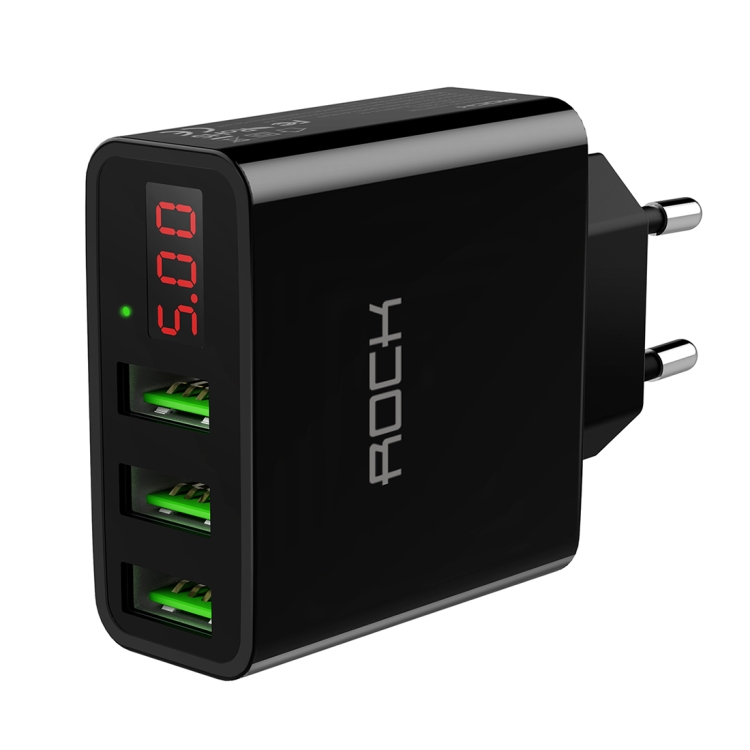 

ROCK T14 3-Port USB LED Display 3A Max Fast Travel Charger, EU Plug, For iPad, iPhone, Galaxy, Huawei, Xiaomi, LG, HTC and Other Smart Phones, Rechargeable Devices(Black)