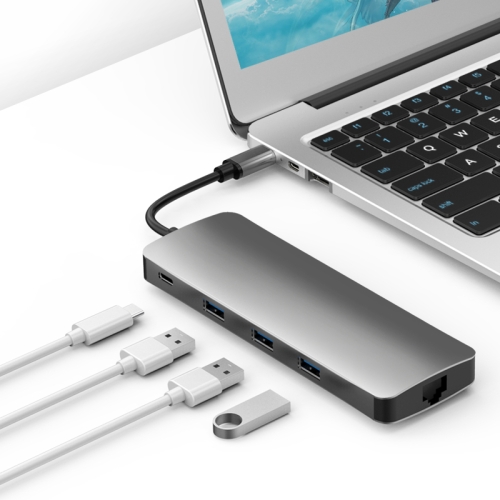 

Basix T9 9 in 1 USB-C / Type-C to USB3.0x3 Type-Cx1 HUB Adapter with HDMI Output, SD Card Reader,Micro SD, RJ45, VGA for Type-C Channel Computers and Phones(Grey)