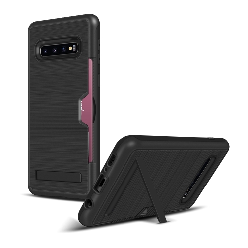 

TPU + PC Brushed Texture Protective Back Cover Case for Galaxy S10,with Card Slot & Holder(Black)